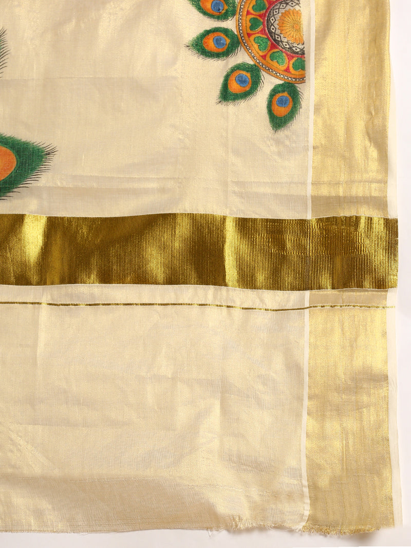 Womens Kerala Tissue Peacock Feather Printed Gold Jari Border Saree OKS35
