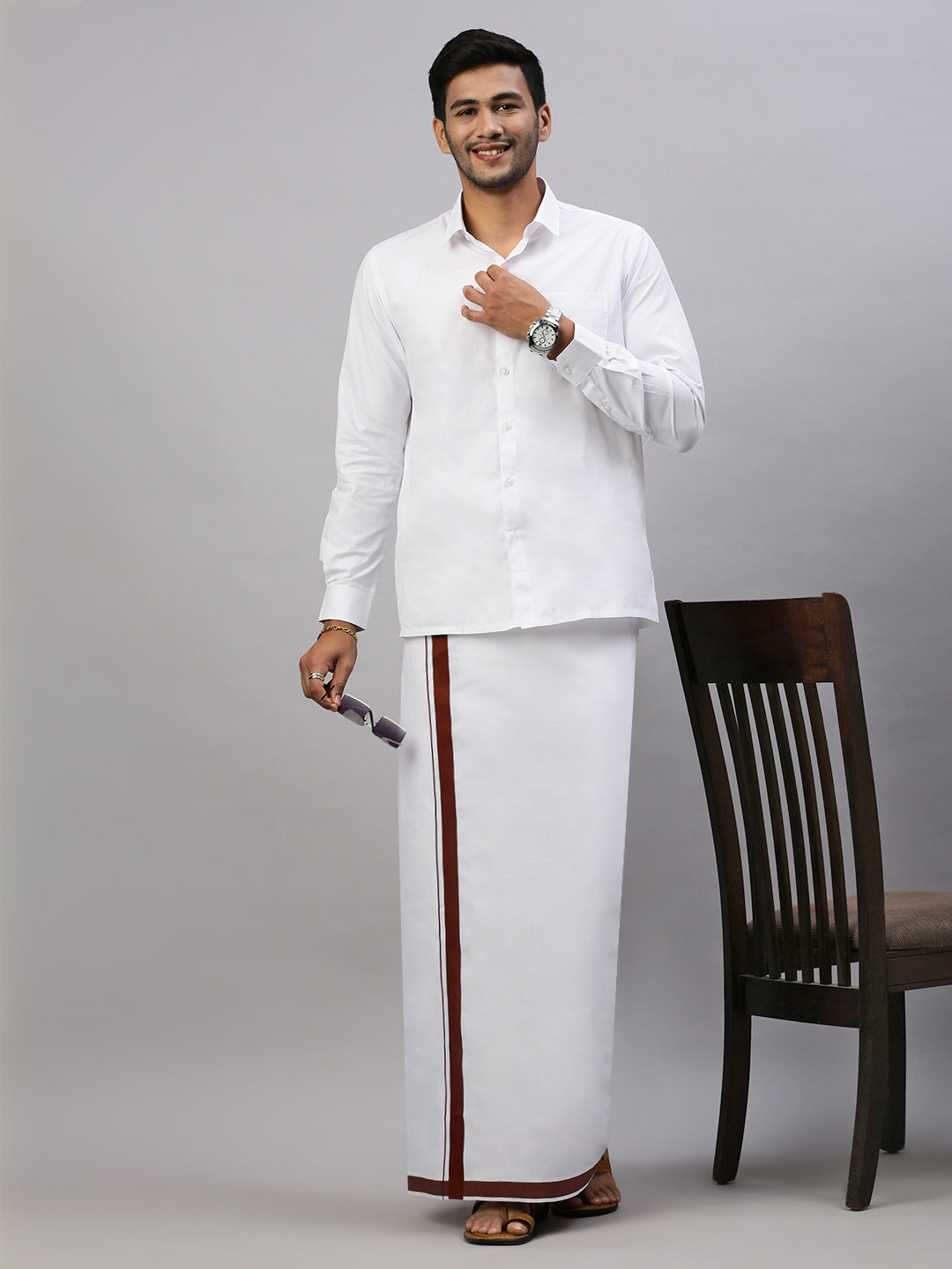 Mens Elegant Look Cotton Single Dhoti with Brown Fancy Border