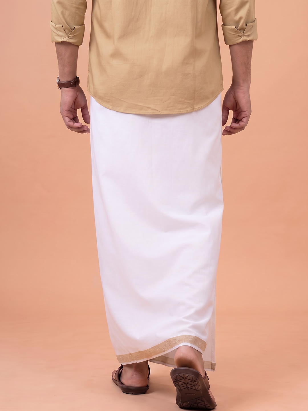 Single Layer Cotton Blend White Dhoti With Beige Jacquard Design Border ELC03