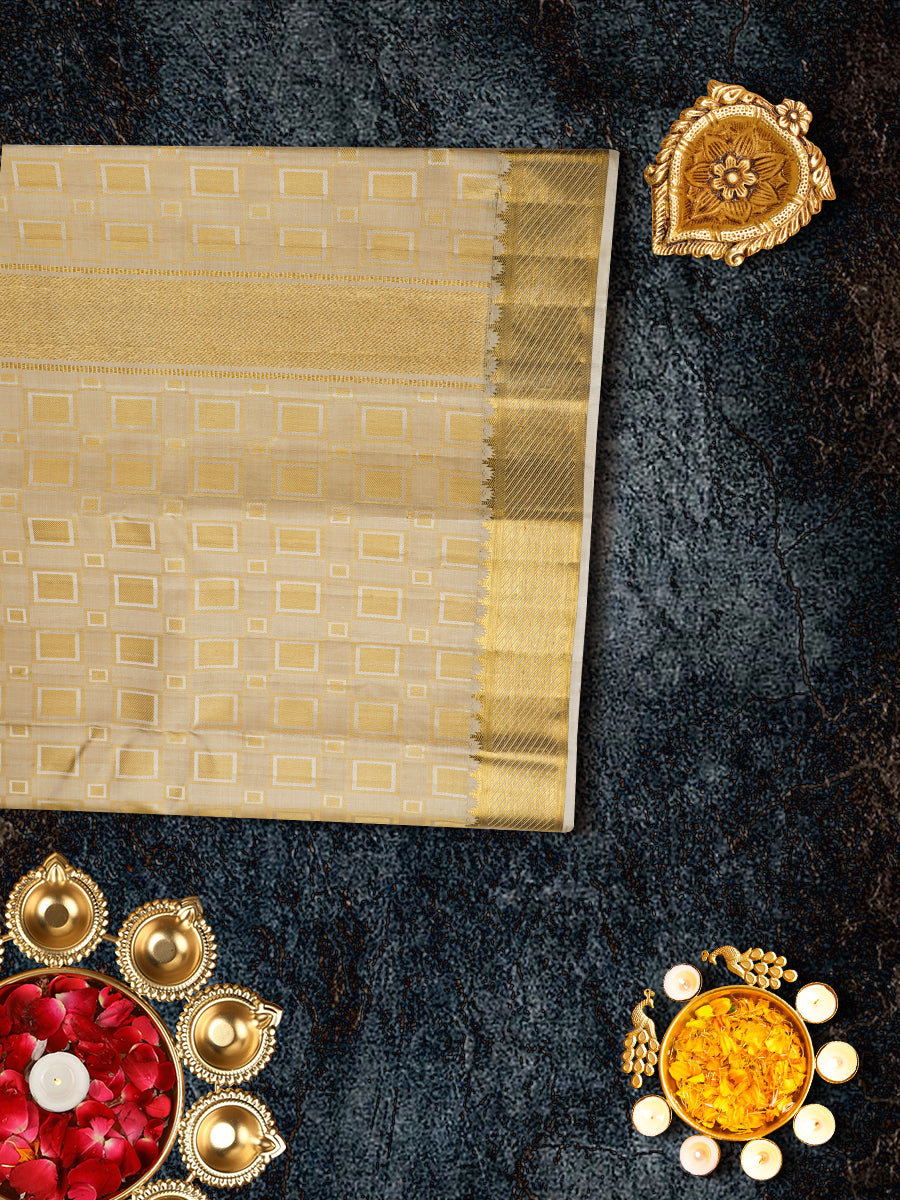 Mens Pure Silk Fawn 4" Gold Jari Border Dhoti with Towel Amirtham-View four