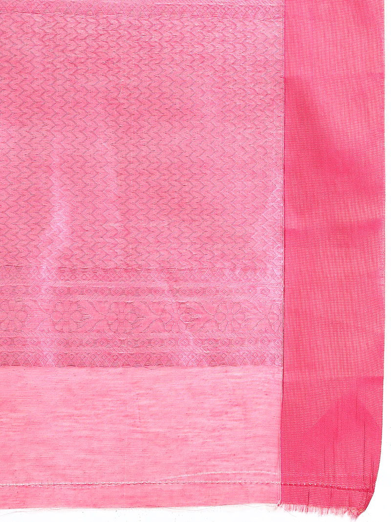 Stylish Grayish Blue with Contrast Pink Border Semi Kora Cotton Saree SK86