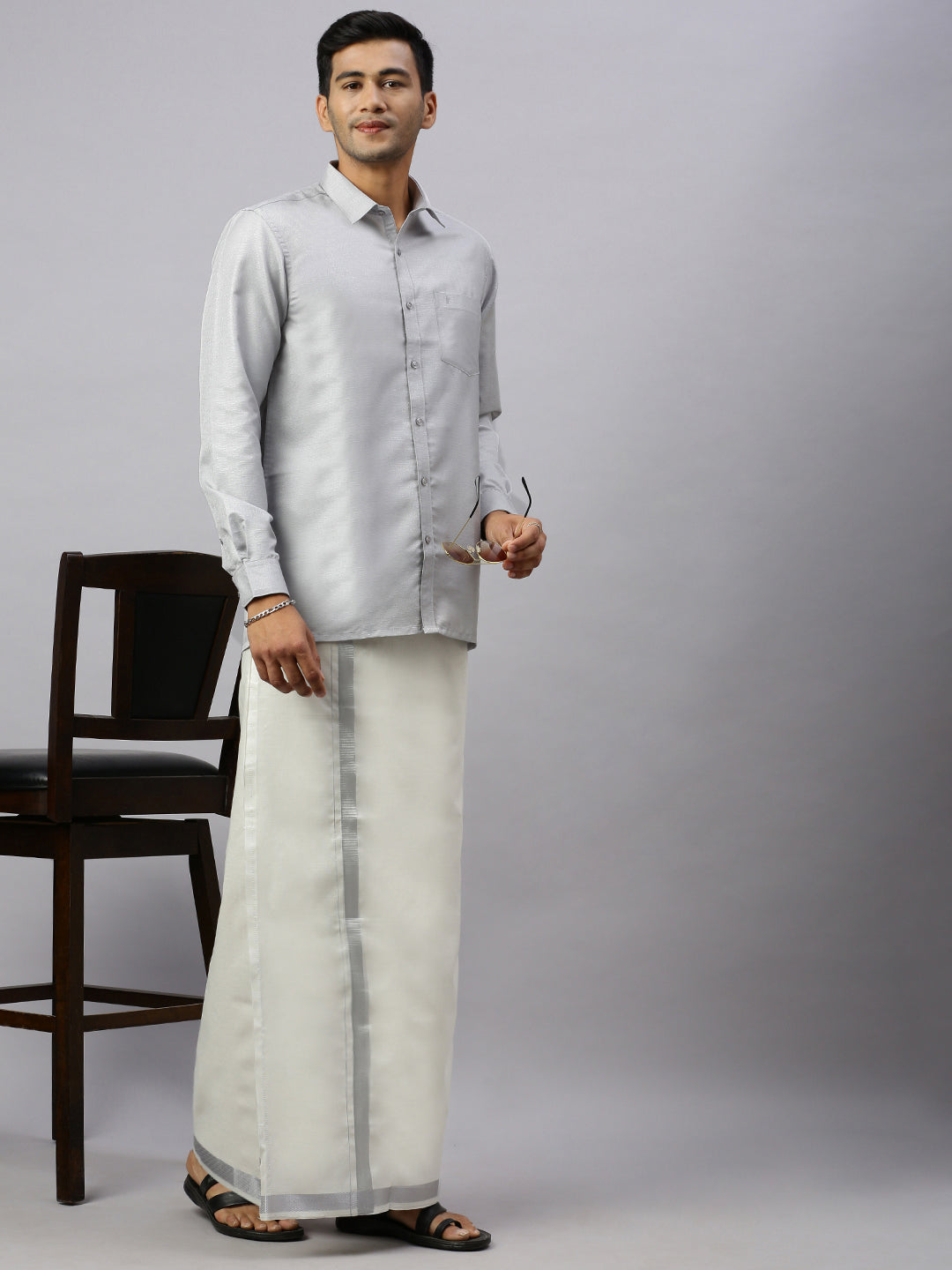 Mens Rich Cotton Silver Colour Full Sleeves Shirt with  Matching Jari Border Tissue Dhoti Set Glossy