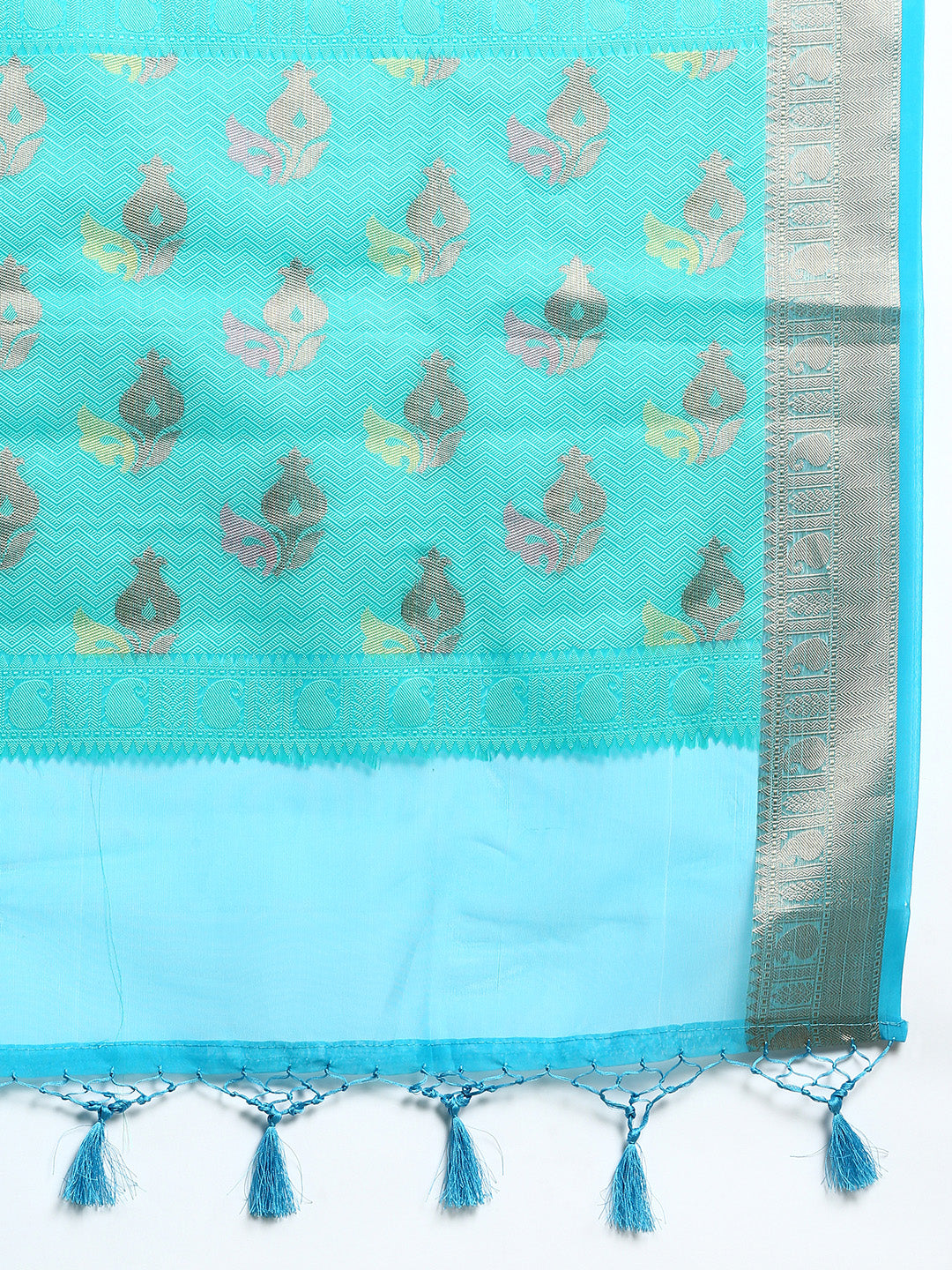 Semi Kora Cotton Allover Design Saree Green & Sky Blue with Zari Border SKCW06-Zari view