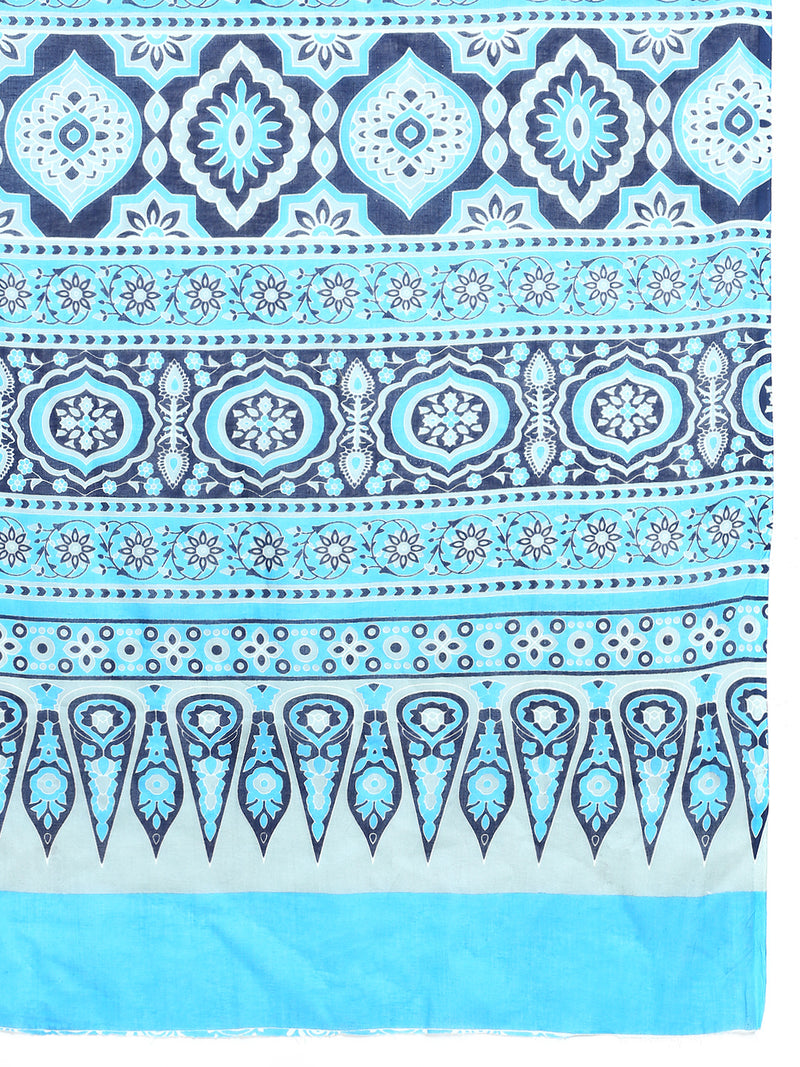 Womens Blue & Grey Flower Printed Pure Cotton Saree PCS54