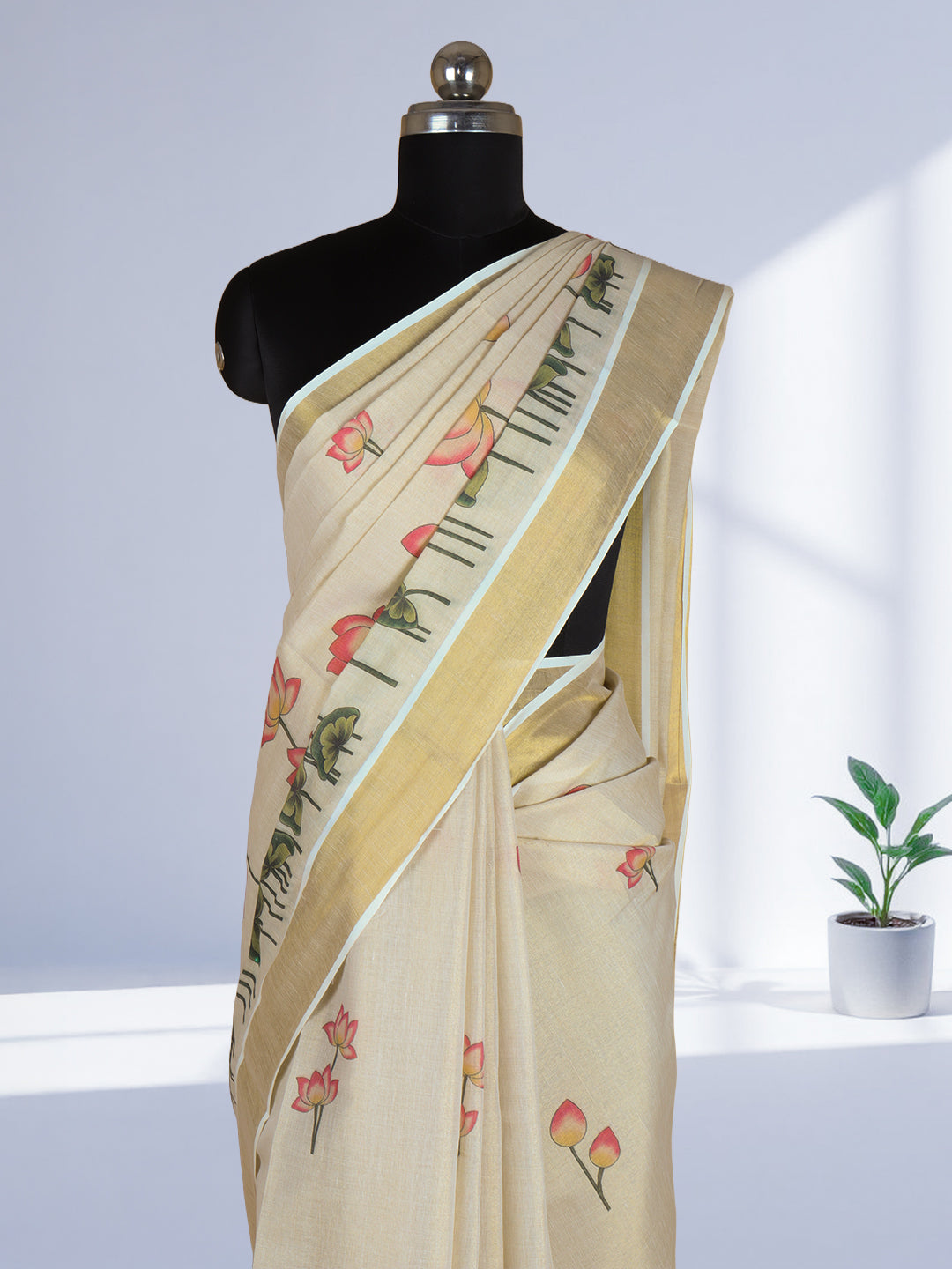 Women Kerala Tissue Gold with Lotus Designed Saree KS209