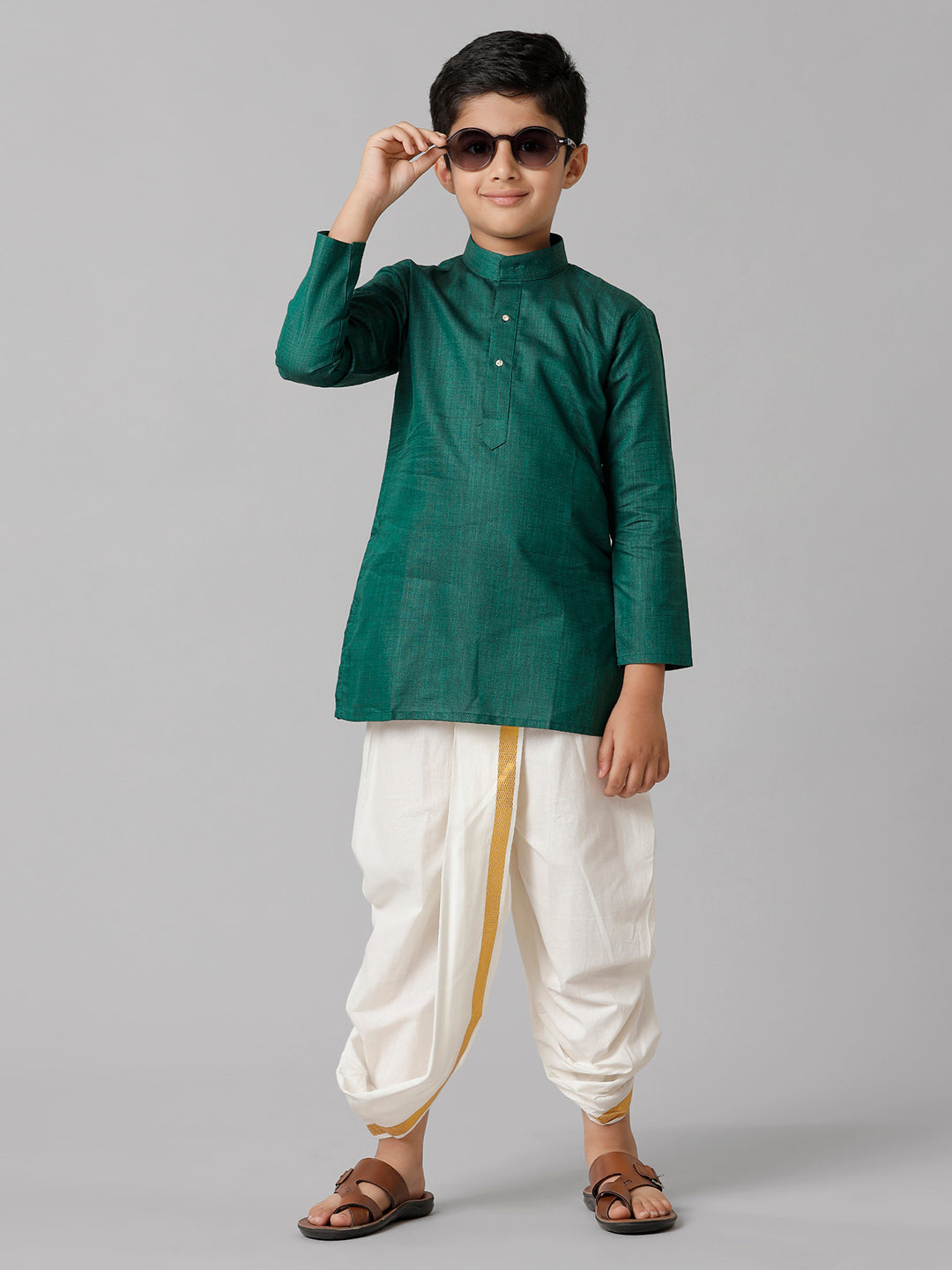 Boys Cotton Dark Green Kurta with Cream Elastic Panchakacham Towel Combo FS5-Front view
