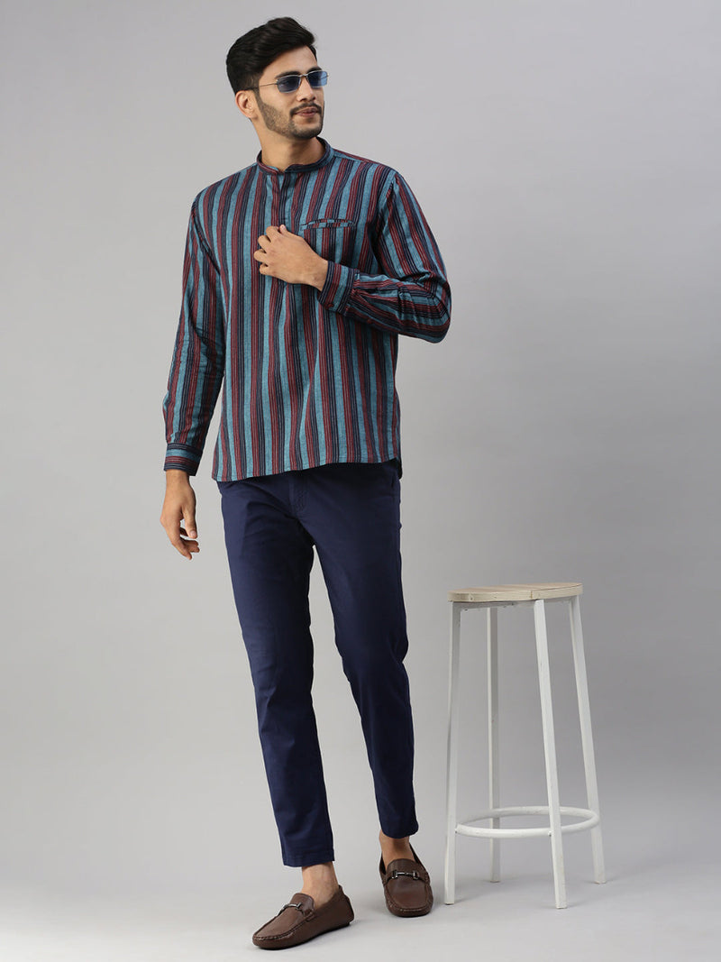 Mens Full Sleeves Striped Short Length Pocket Kurta J30