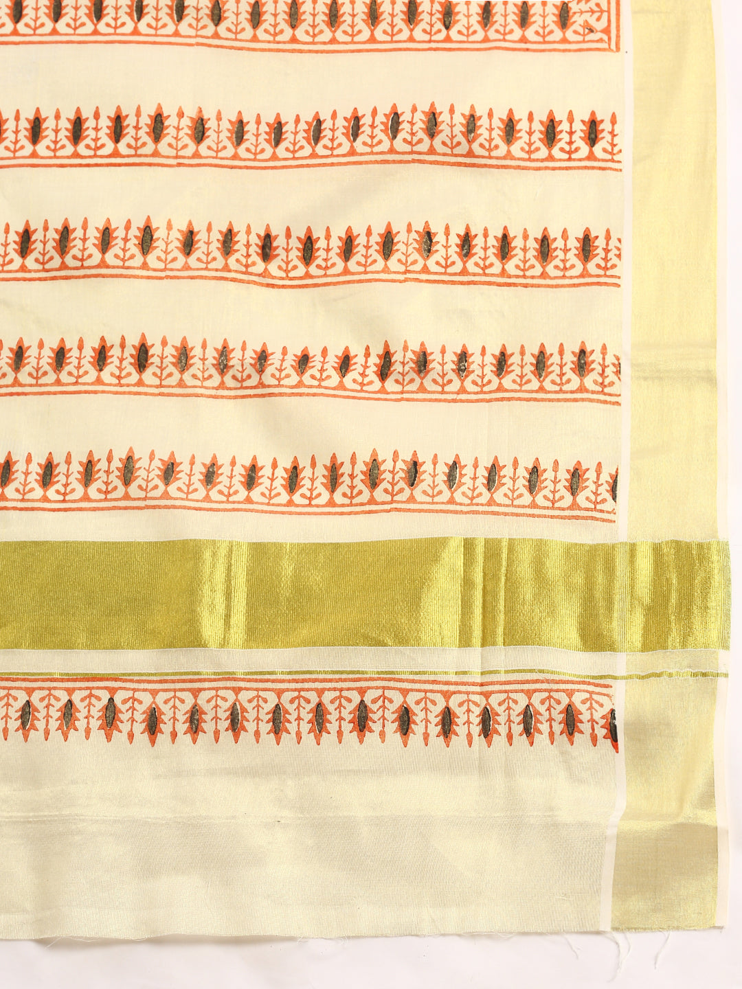 Womens Kerala Tissue Printed Gold Jari Border Saree OKS26-Zoom view