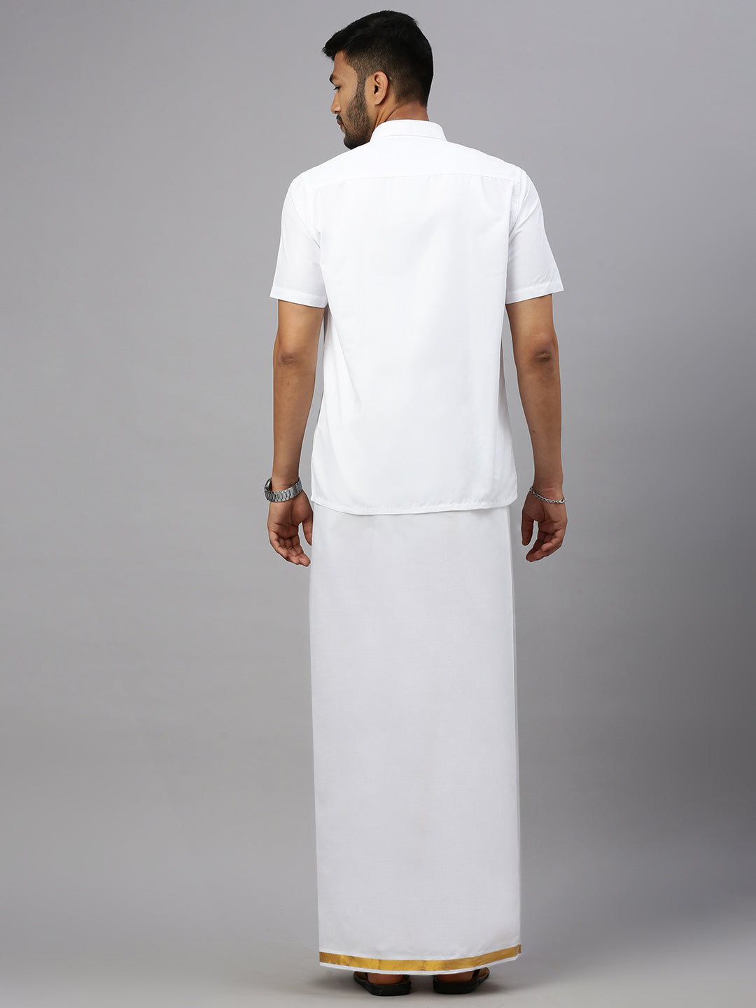 Men Formal Half Sleeve White Shirt with 1'' Inch Gold Jari Border Single Layer Dhoti Combo
