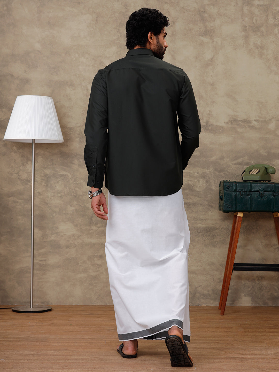 Men Green Waterlo Shirt With Matching Border Dhoti Set Trendy