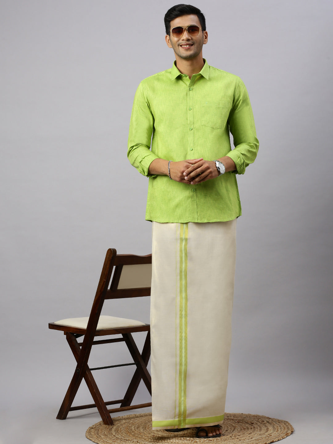 Mens Macho Lite Green Matching Border Dhoti With Full & Half Sleeves Shirt Set CCB