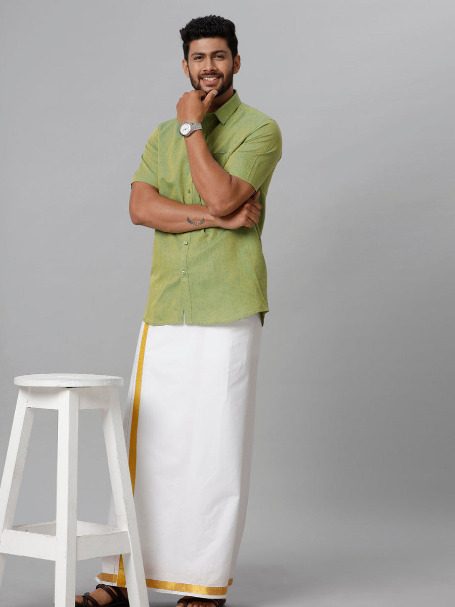 Mens Linen Cotton Formal Yellowish Green Half Sleeves Shirt LF9-full view