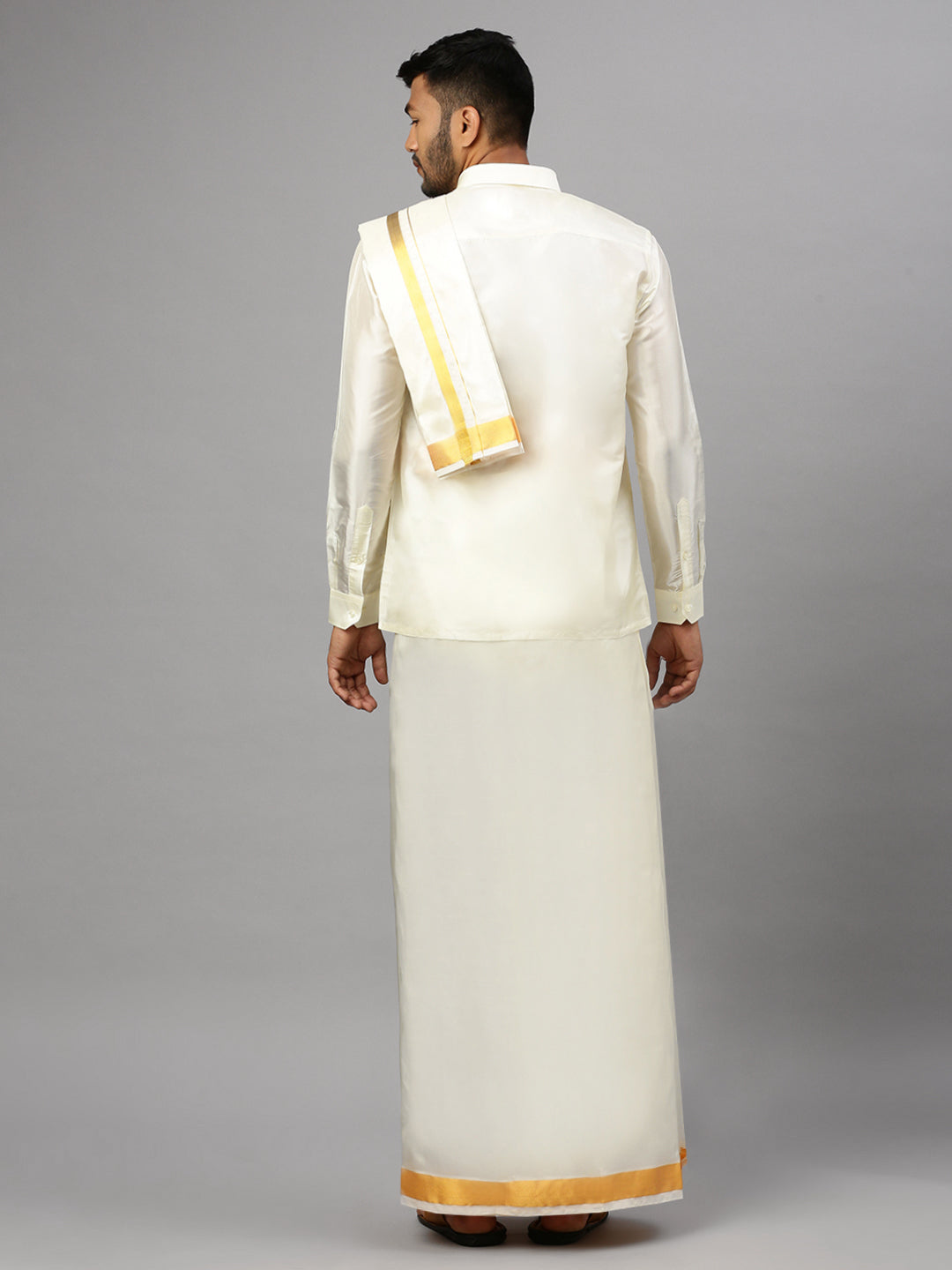 Men Pure Silk Cream 1" Jari Dhoti & Towel & Shirt