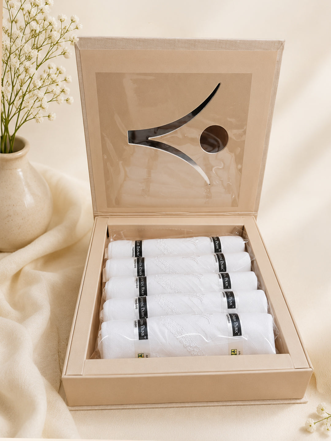 Premium Pure Linen White Hand Kerchief Set (5 in 1)