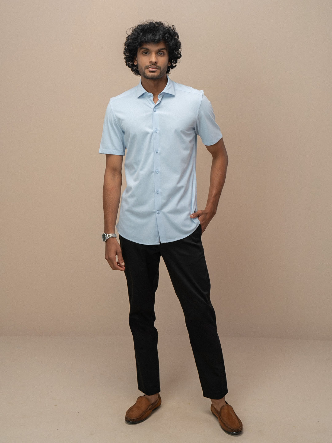 Men Poly Cotton Stretchable Sky Blue Half Sleeves Shirt ER3