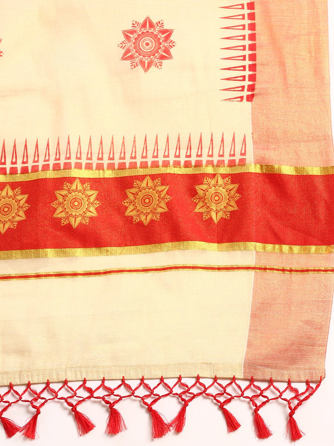 Womens Kerala Tissue Flower Printed Gold Jari & Red Border with Tussle Saree OKS04-Zari view