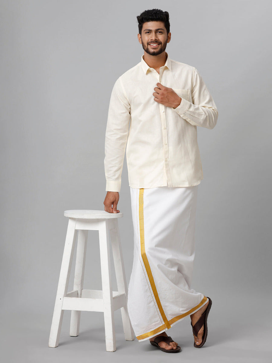 Mens Linen Cotton Formal Cream Full Sleeves Shirt LF12-Full view