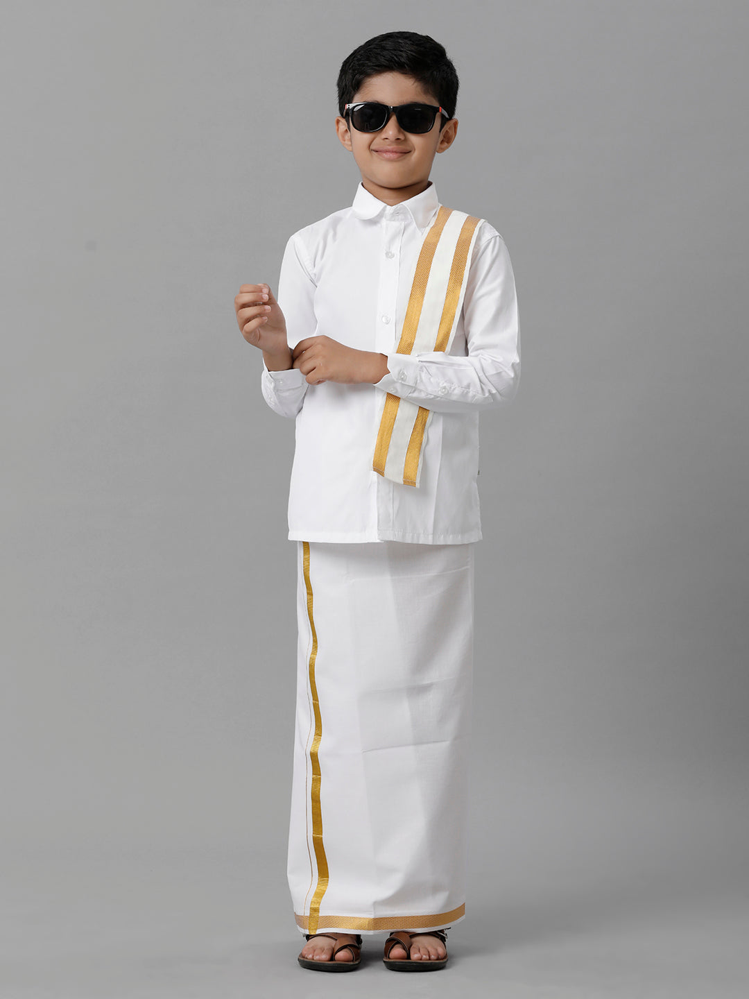 Boys Cotton White Full Sleeves Shirt Dhoti with Towel Set