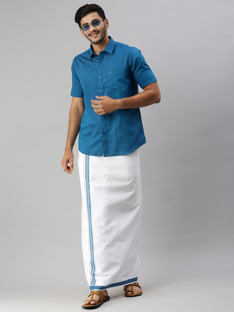 Mens Blue Matching Border Dhoti & Half Sleeves Shirt Set Evolution IC4
