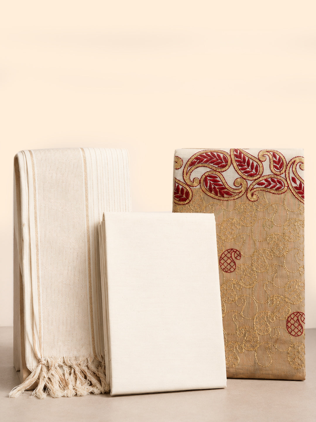 Women Kerala Style Cream Embroidered Cotton Dress Material DM364