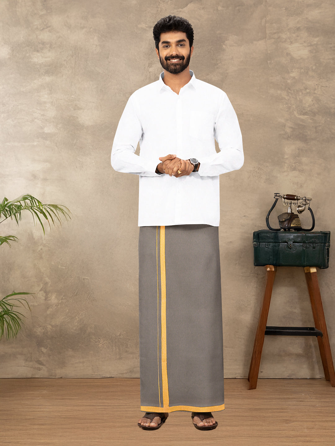 Men 100% Cotton Single Layer Stone Grey Dhoti with Big Border Poojan