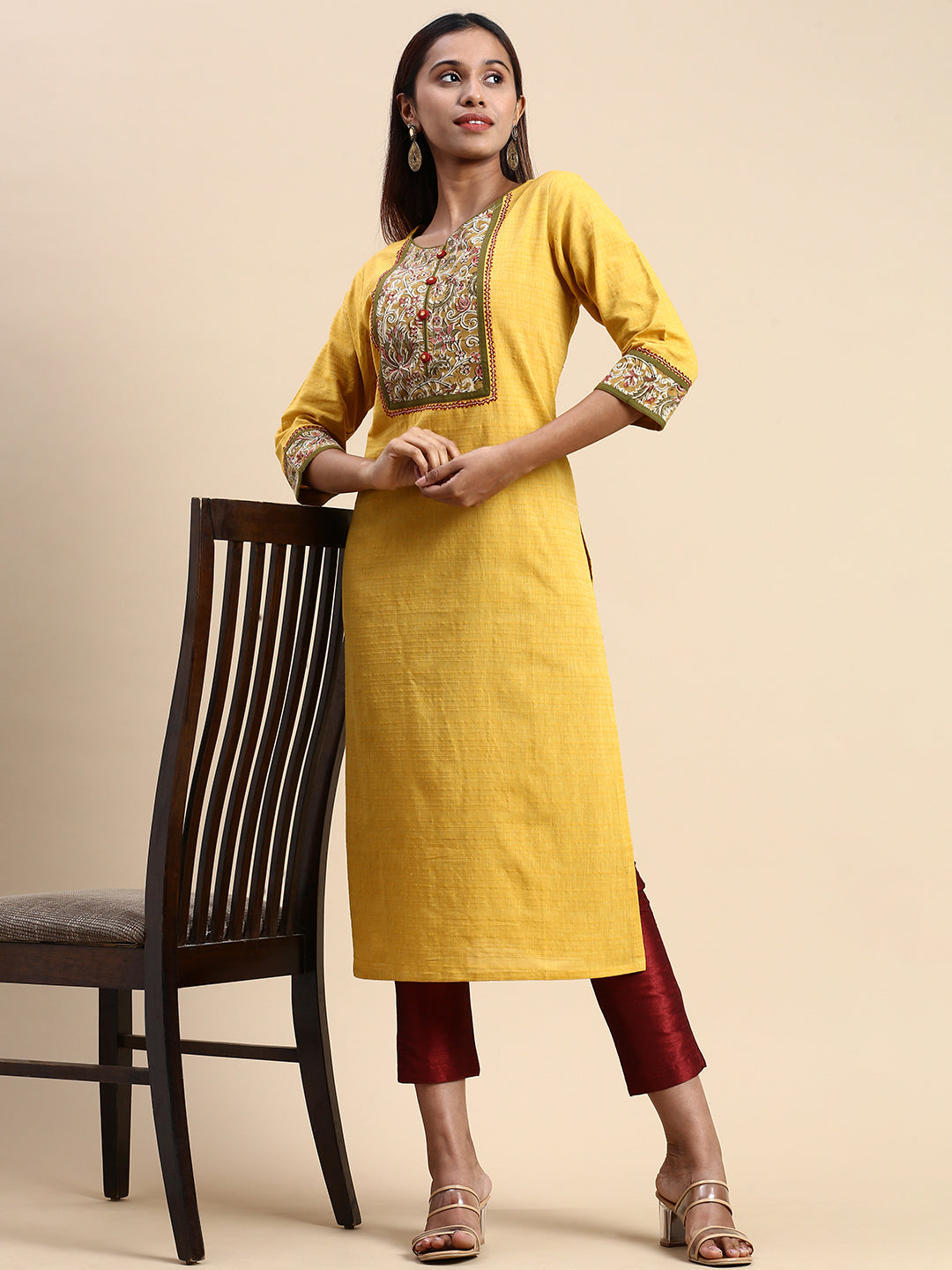 Mustard yellow cotton straight kurta with pin tucks detailing by Free  Living | The Secret Label