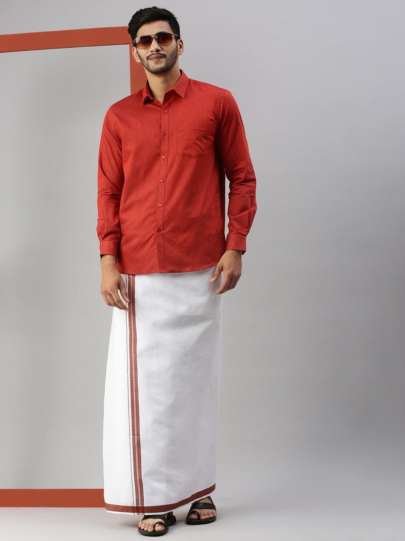 Mens Red Matching Border Dhoti & Full Sleeves Shirt Set Evolution IC5