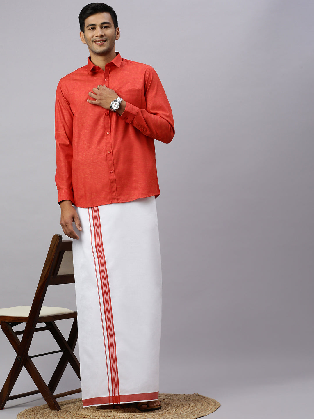Mens Rosewood Red Matching Border Dhoti & Full Sleeves Shirt Set CV4
