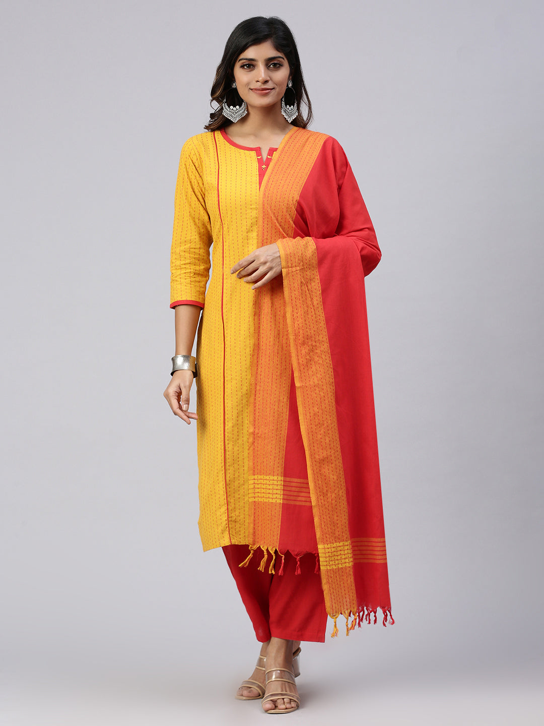 Women Cotton Embroidered Kurti Sets Yellow EKS34