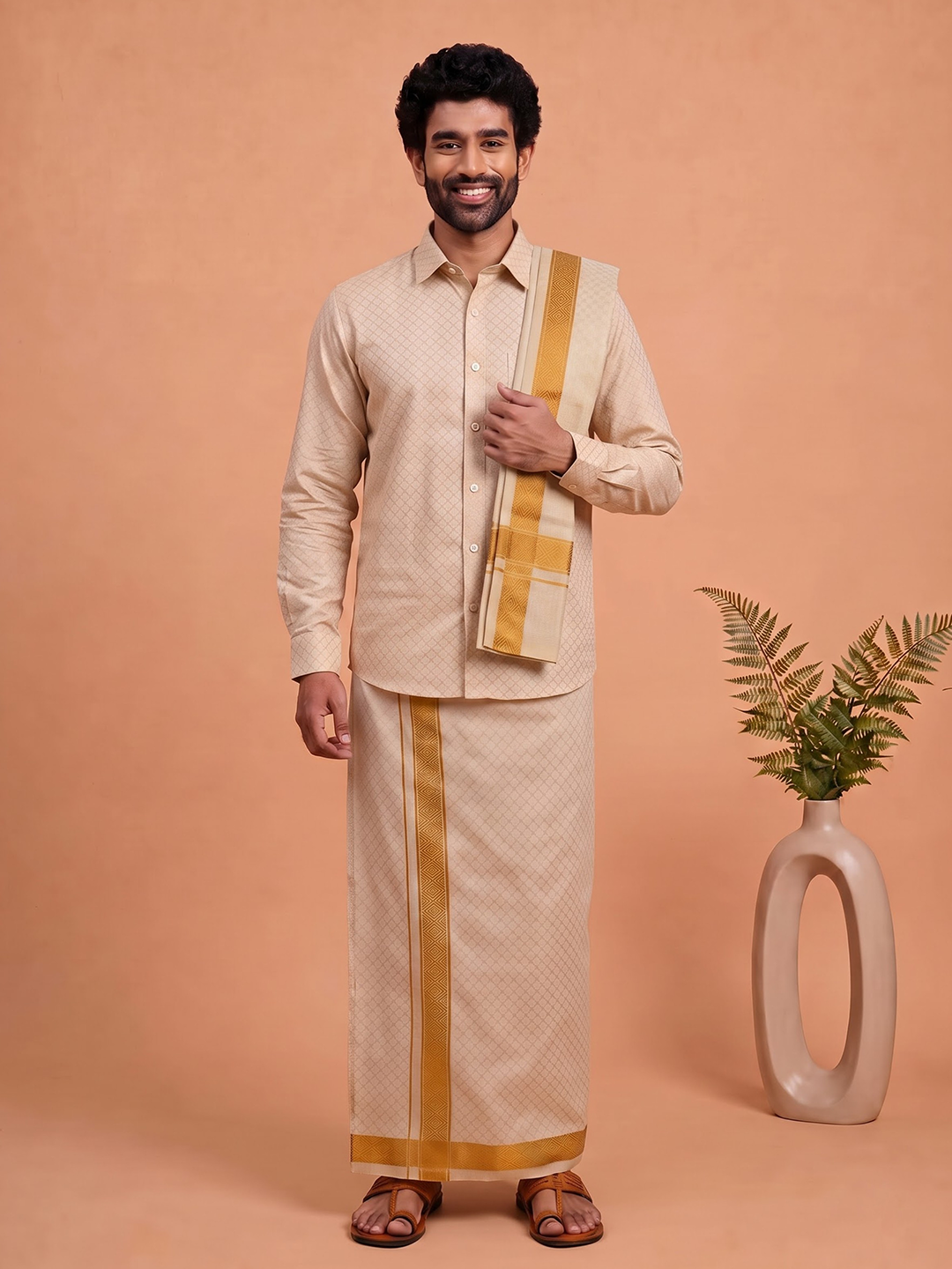 Tissue Gold Jacquard Shirt, Dhoti & Towel Set (3x1) | GD13
