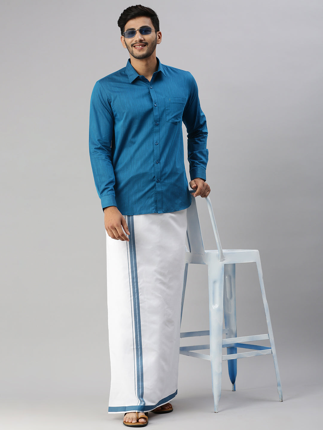 Mens Blue Matching Border Dhoti & Full Sleeves Shirt Set Evolution IC4-Front view