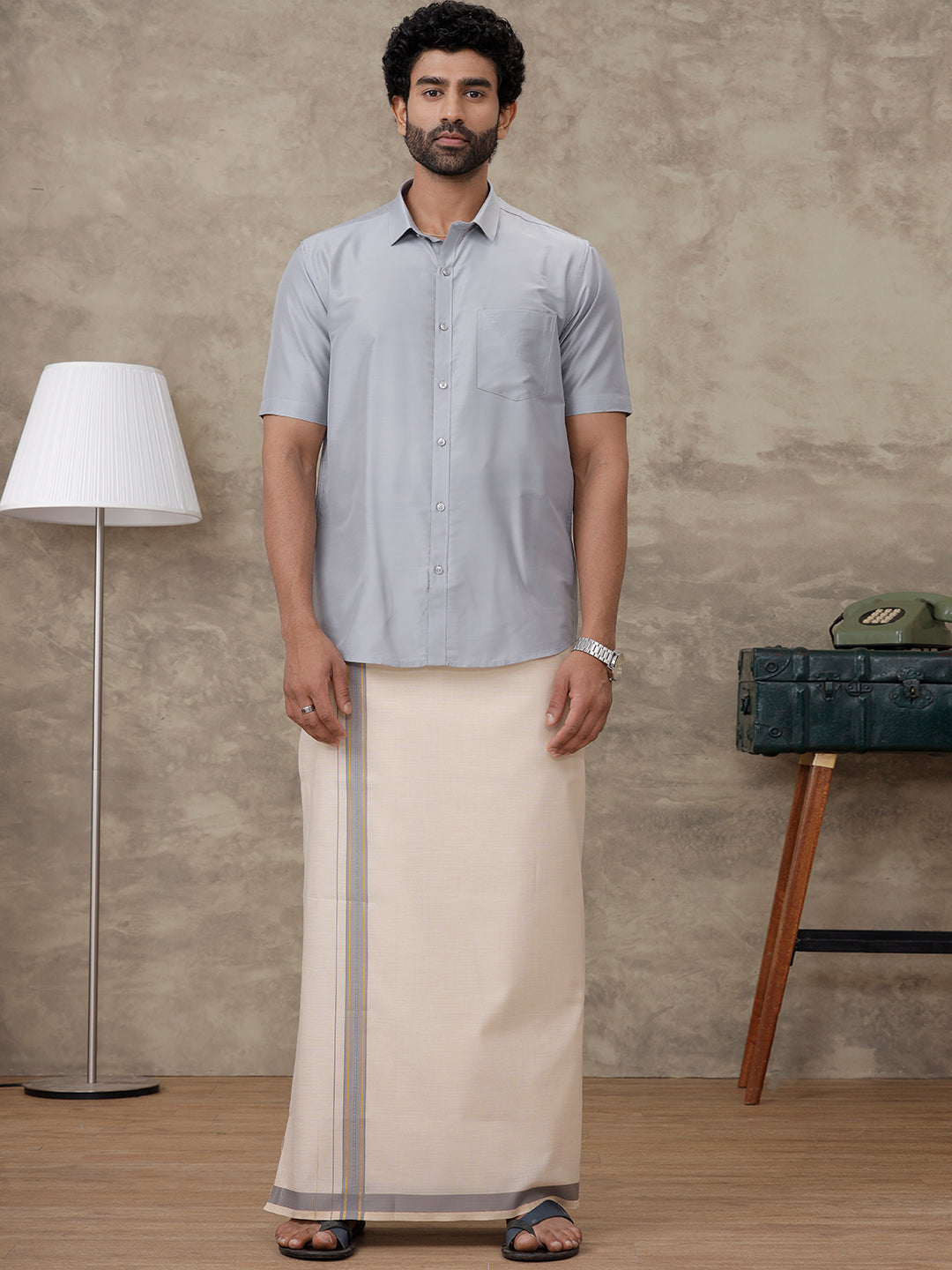 Men Grey Silk Cotton Shirt With Matching Border Tissue Dhoti Set CCB Fortune