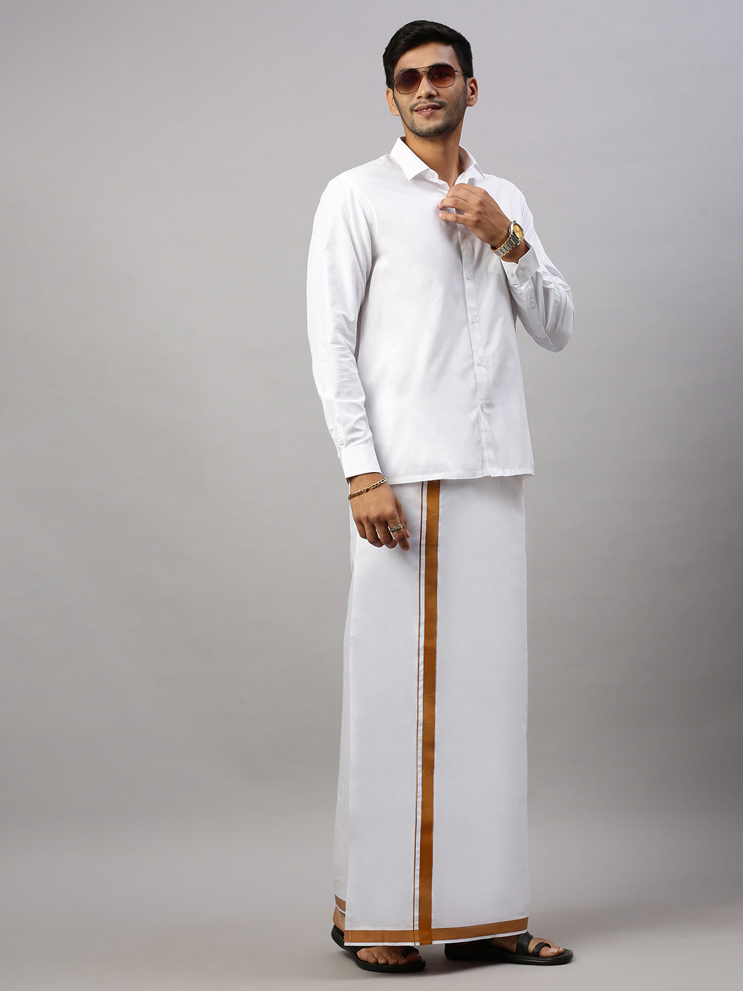 Mens Elegant Look Cotton Single Dhoti with Gold Fancy Border