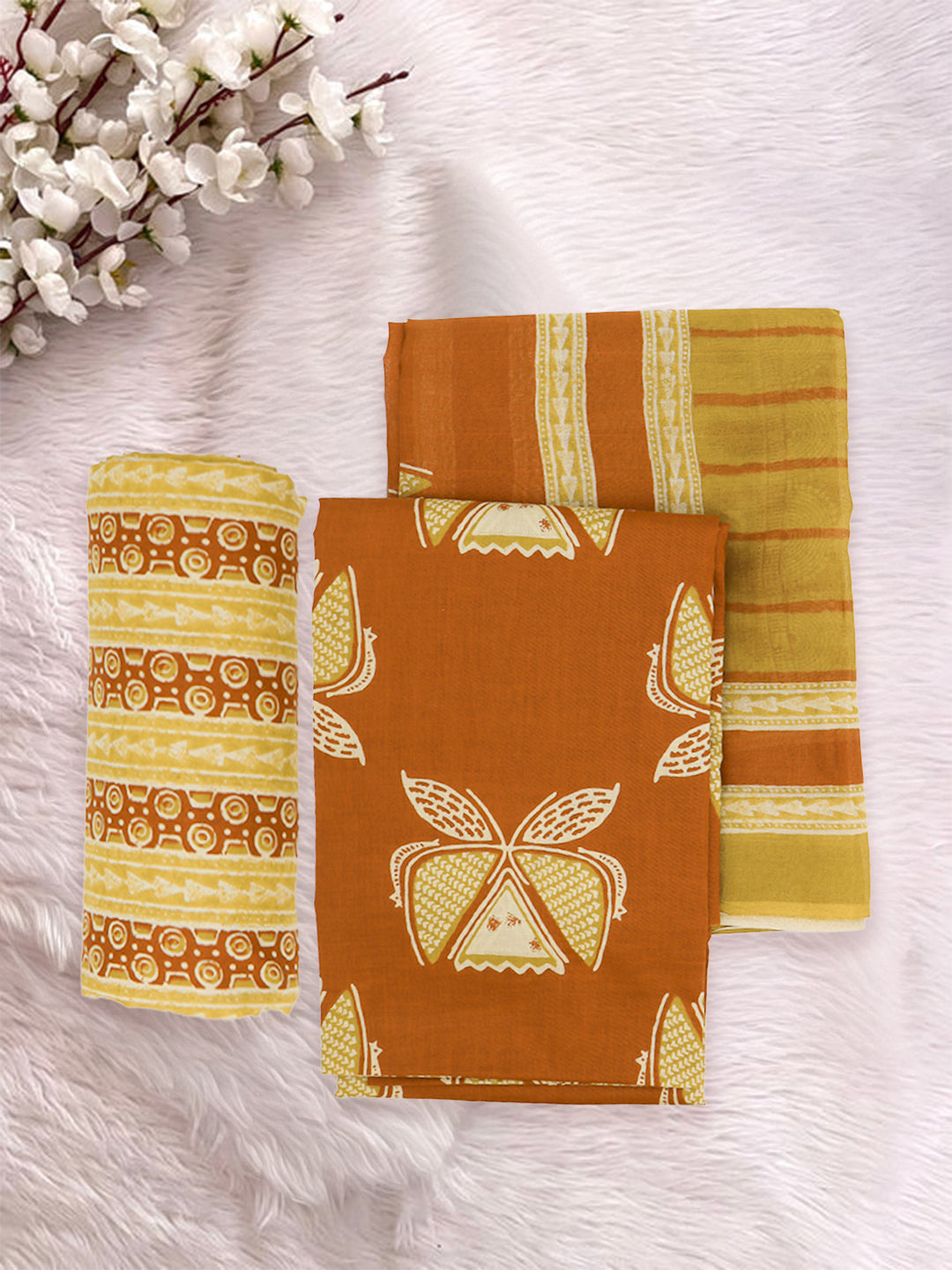 Women Pure Cotton Printed Dress Material Mustard with Rust DM344