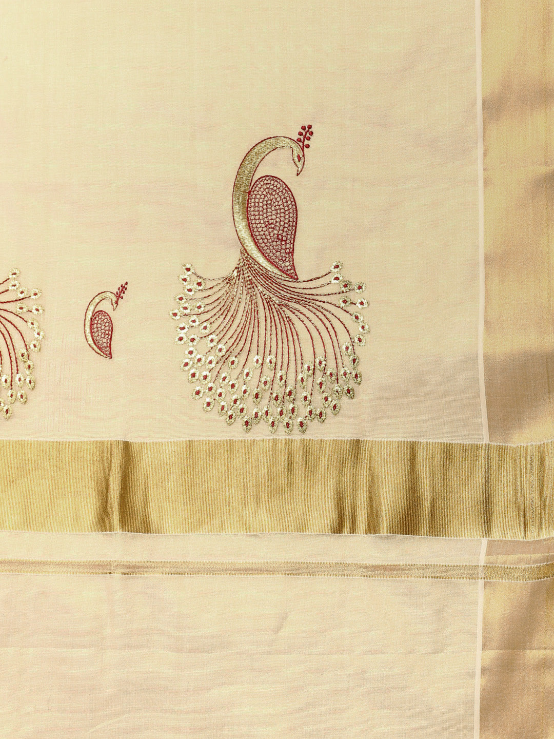 Kerala Cream Gold Jari Embroidery Saree KS106