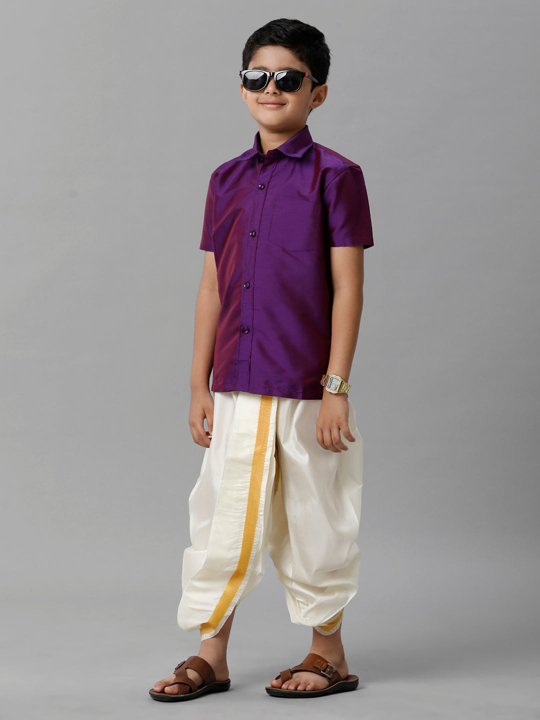 Boys Silk Cotton Violet Half Sleeves Shirt with Soft Silk Panchakacham Combo K21-Side view