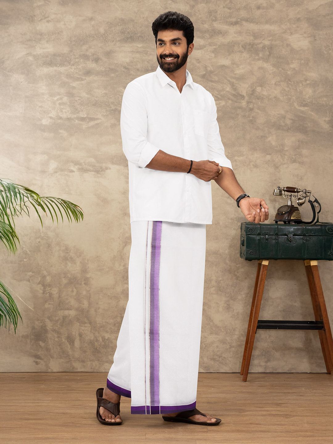 Men 100% Cotton Double Layer White Dhoti with Fancy Jari Border EJF15