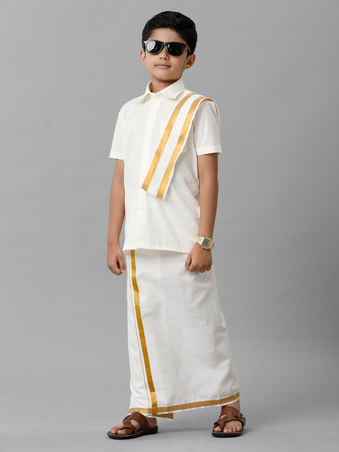 Like Father Like Son Cream Full Sleeves Shirt Dhoti & Towel Set Combo