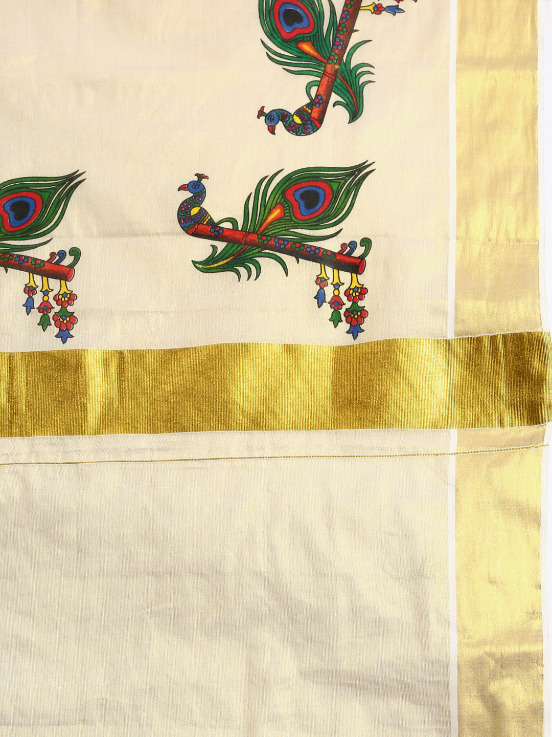Womens Kerala Tissue Peacock & Flute Printed Gold Jari Border Saree OKS36-Zari view