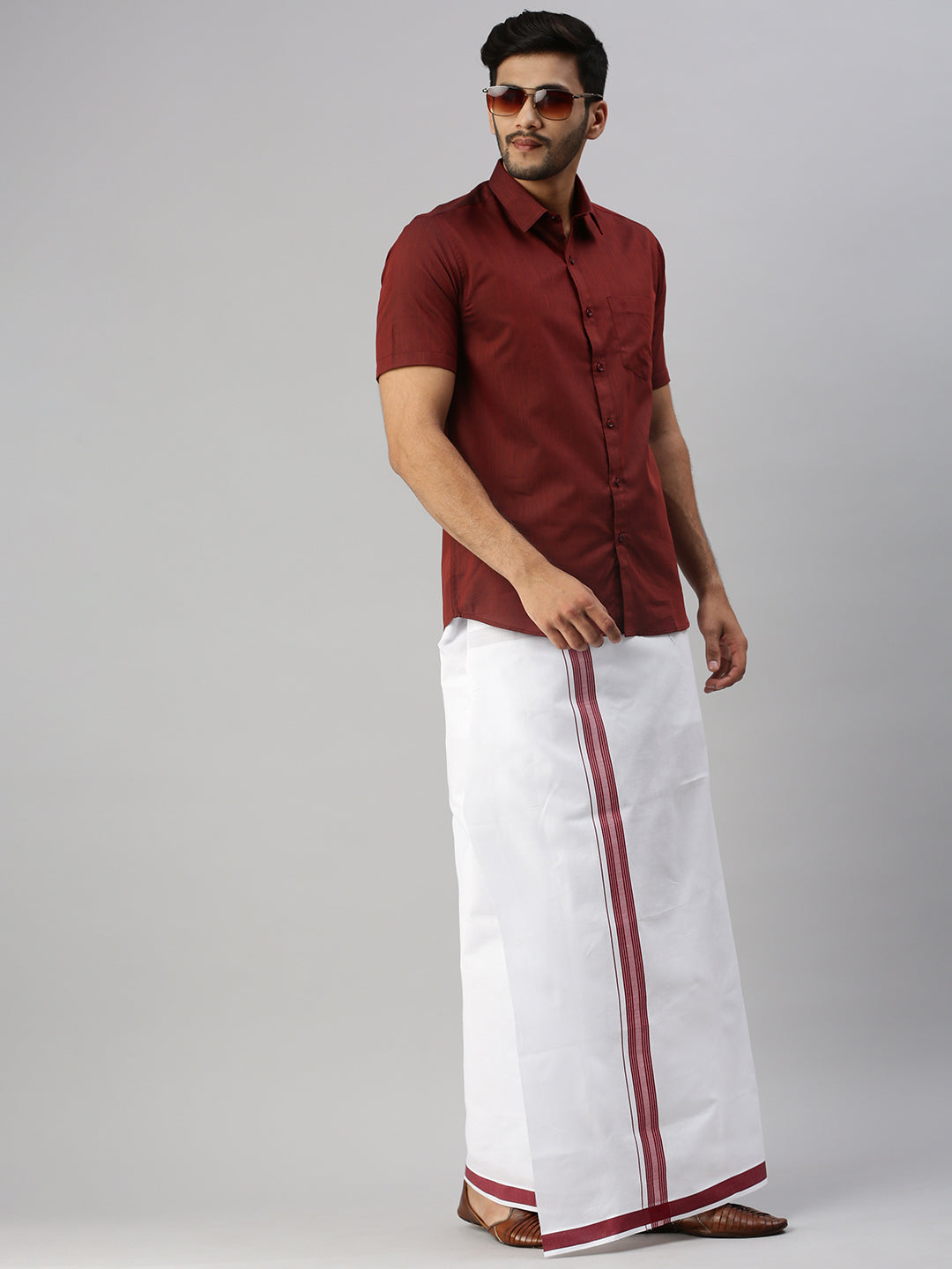 Mens Brown Matching Border Dhoti & Half Sleeves Shirt Set Evolution IC7-Side alternative view