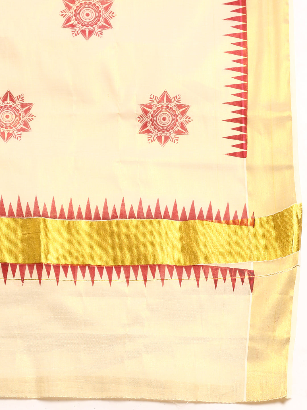 Womens Kerala Tissue Flower Printed Gold Jari & Maroon Border Saree OKS15-Zari view