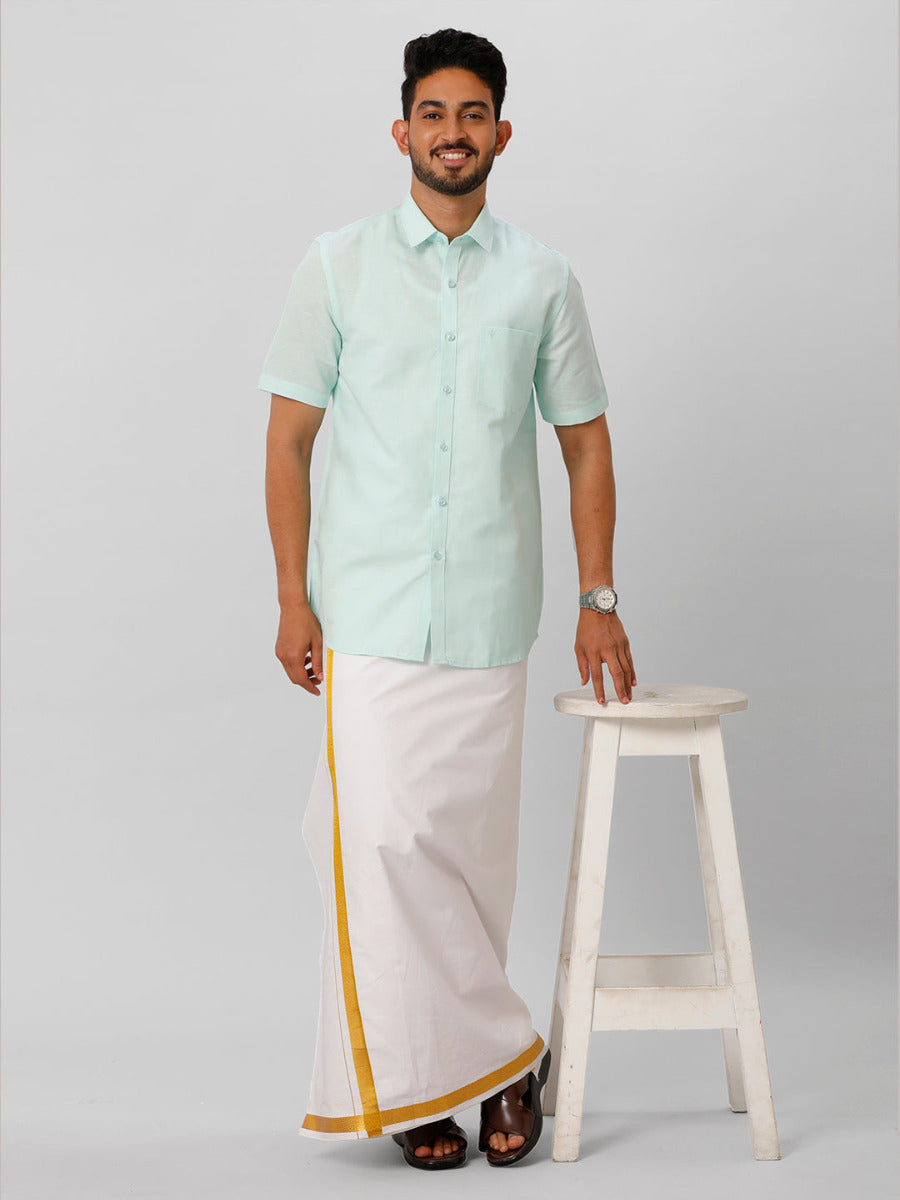 Mens Linen Cotton Formal Light Blue Half Sleeves Shirt LF1-Full view