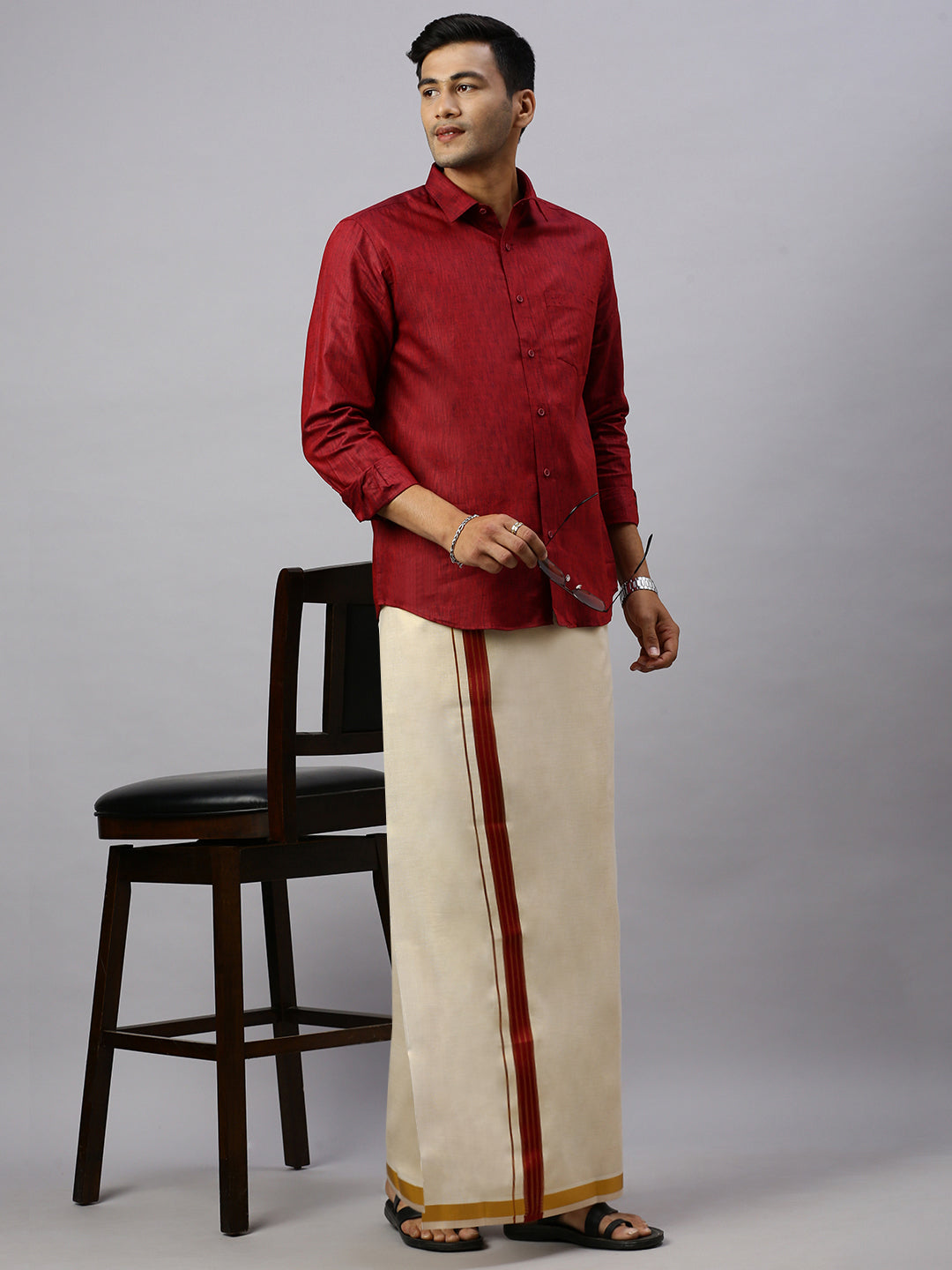 Couple Combo Shirt & Dhoti Set with Saree Maroon KS163
