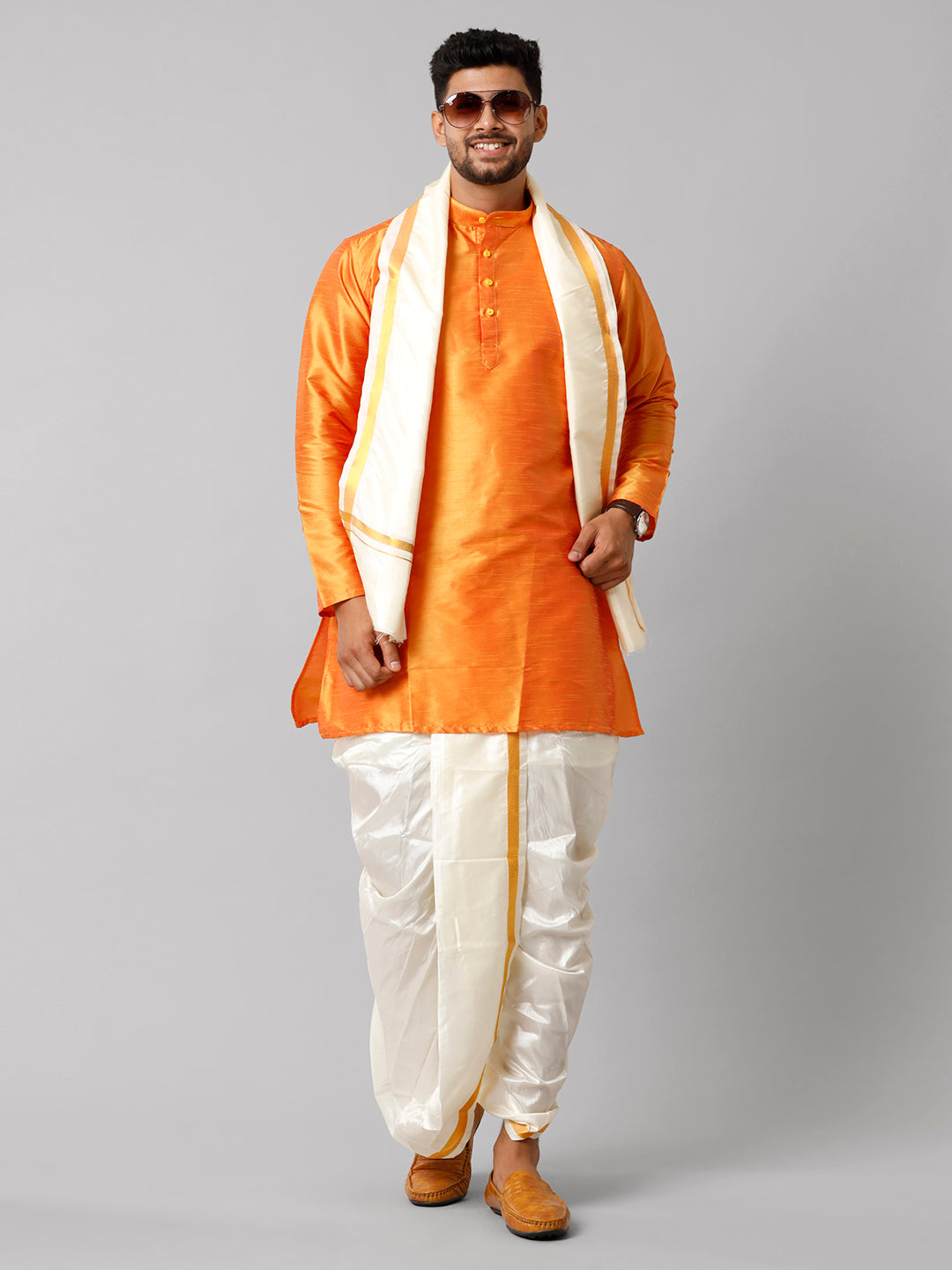 Mens Polyster Orange Medium Length Kurta with Art Silk Panchakacham Towel Combo SL03
