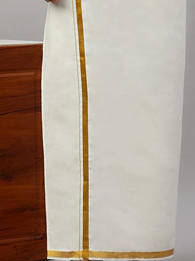 Men Cream Full Sleeves Shirt with 3/4"Gold Jari Double Layer Dhoti & Towel Set