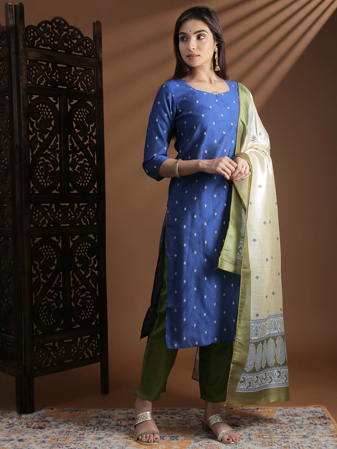 Women Dark Blue with Green Kurti Set EKS131