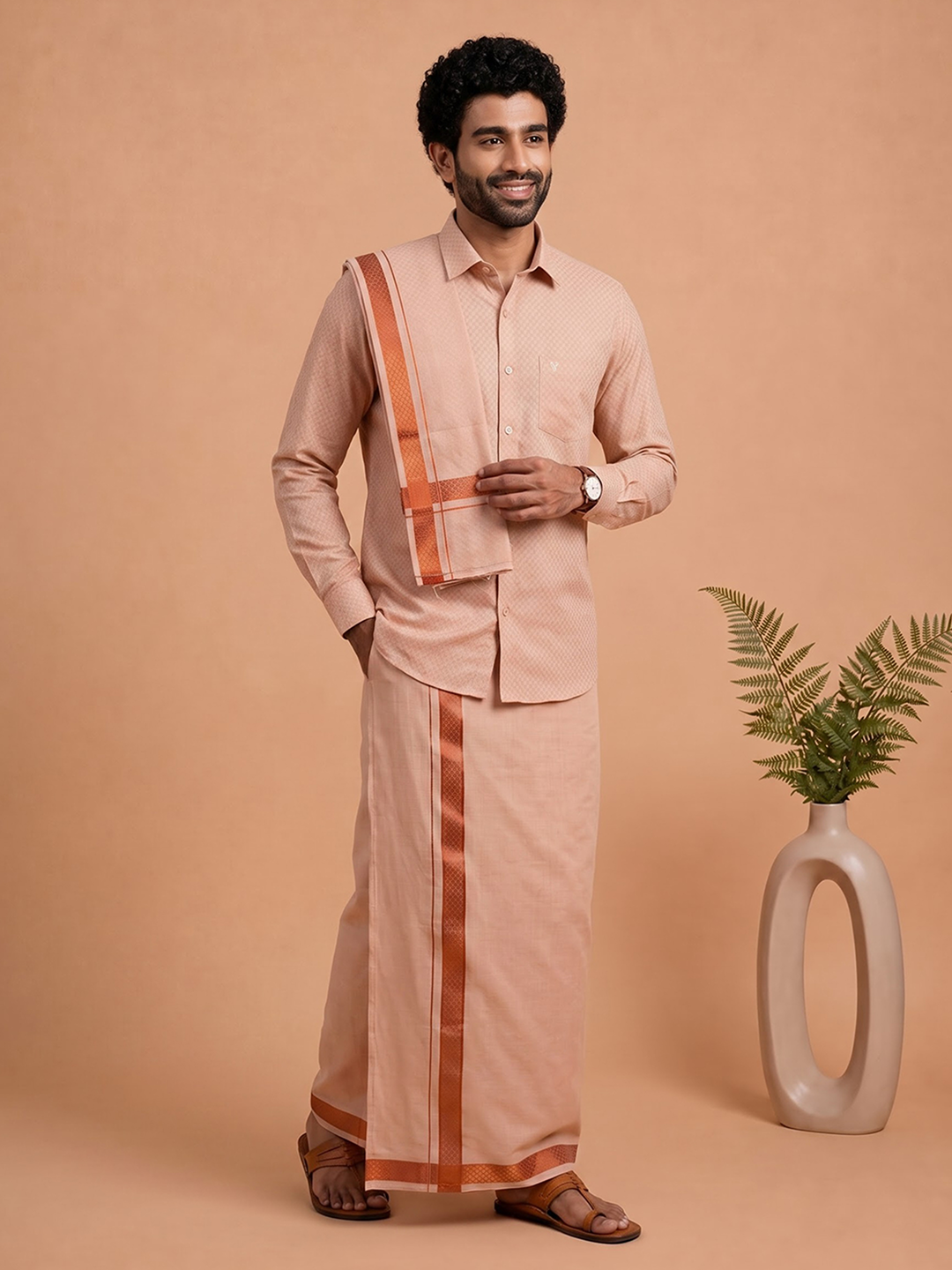 Tissue Copper Jacquard Shirt, Dhoti & Towel (3-in-1)Set | CD12