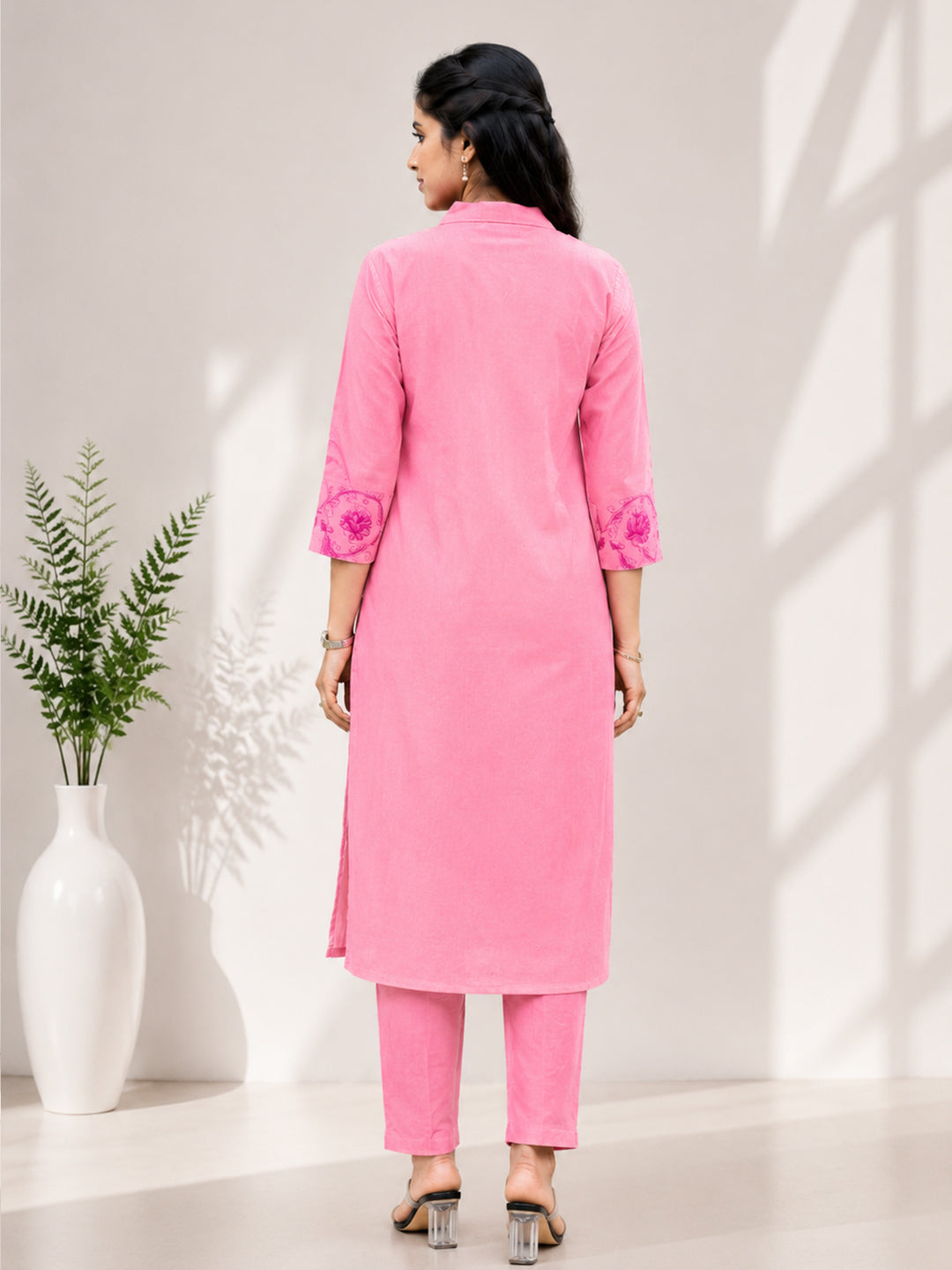 Women Cotton Printed Pink Kurti Set EKS134