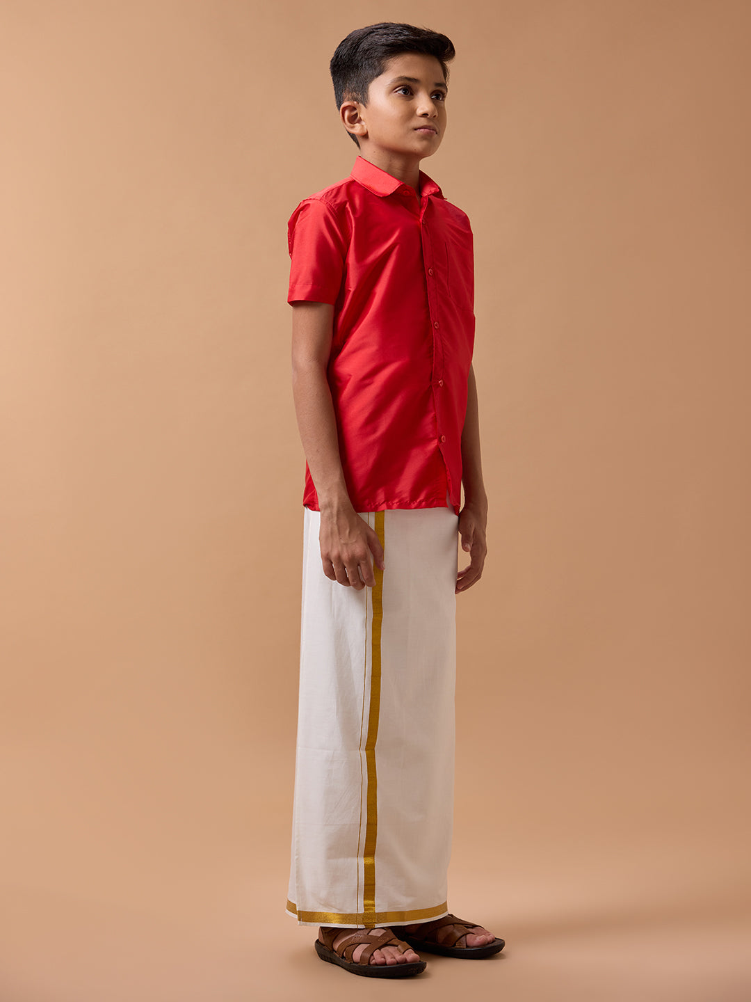 Boys Silk Cotton Shirt with Dhoti Set Cherry Red