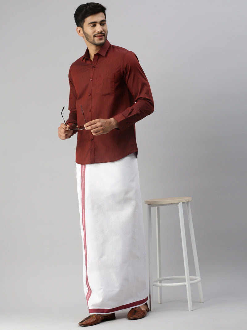 Mens Brown Matching Border Dhoti & Full Sleeves Shirt Set Evolution IC7